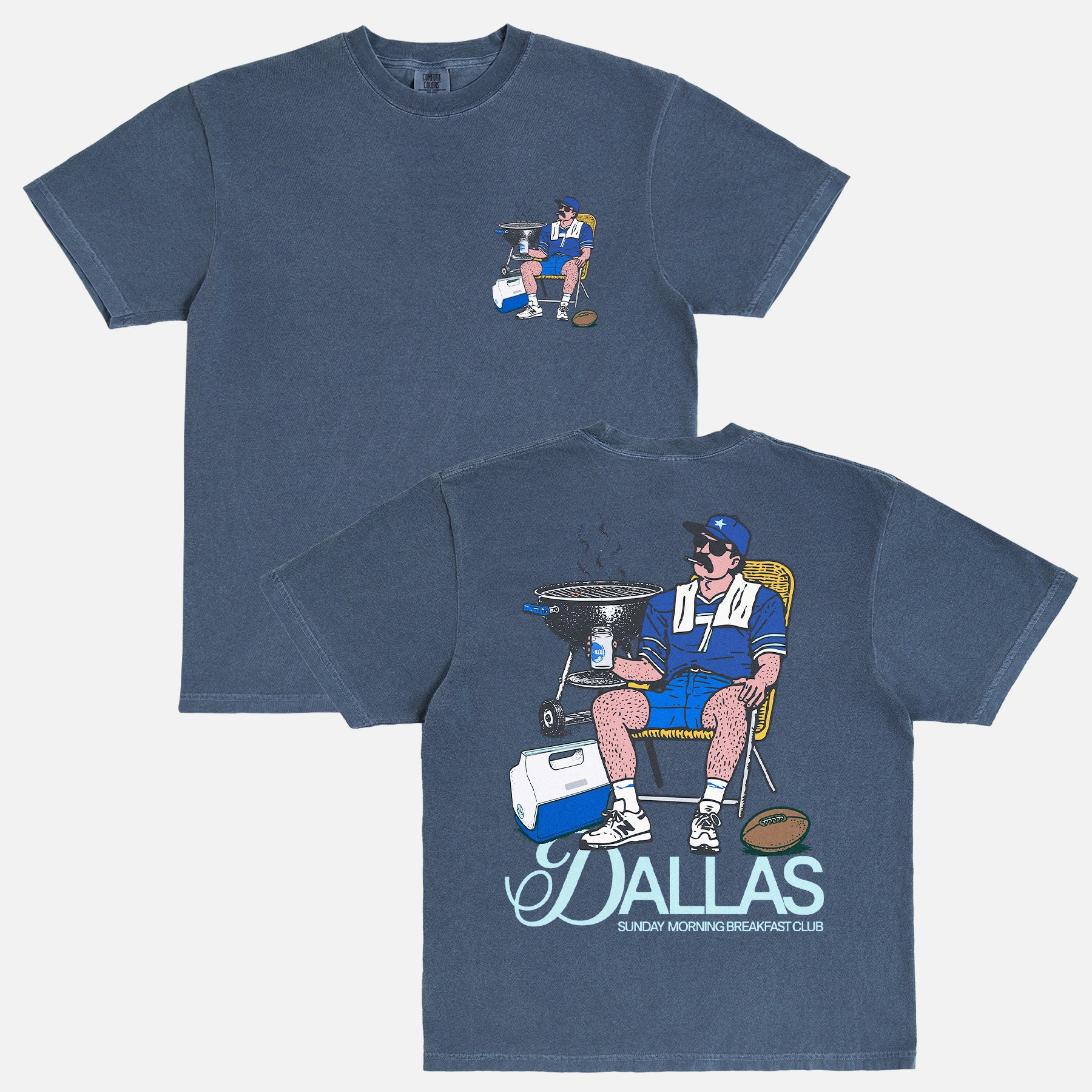 Dallas Cowboys football fan tailgate t-shirt that has a funny graphic of man tailgating with a cooler and bbq pit 