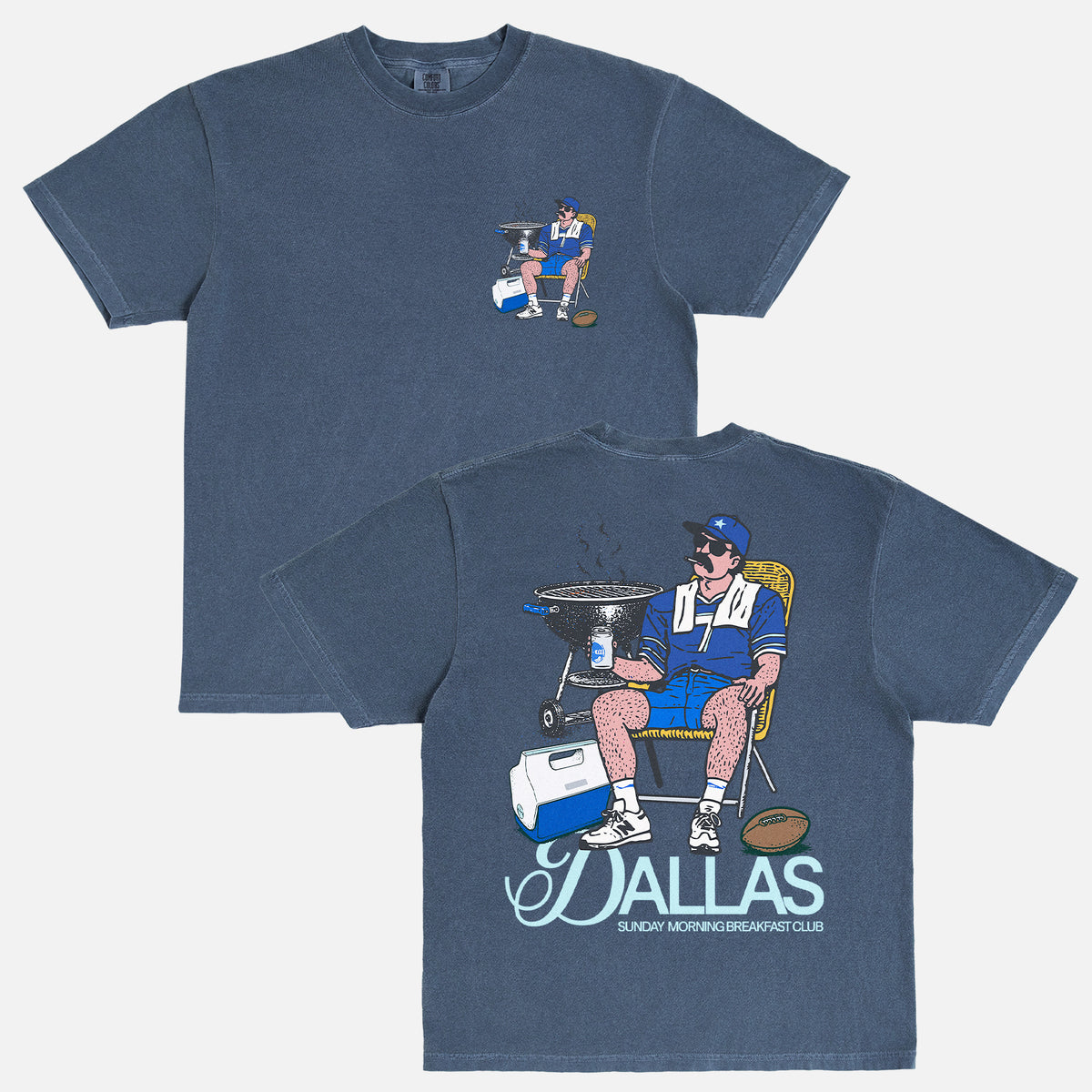 Dallas Cowboys football fan tailgate t-shirt that has a funny graphic of man tailgating with a cooler and bbq pit 