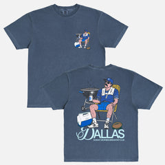 Dallas Cowboys football fan tailgate t-shirt that has a funny graphic of man tailgating with a cooler and bbq pit 