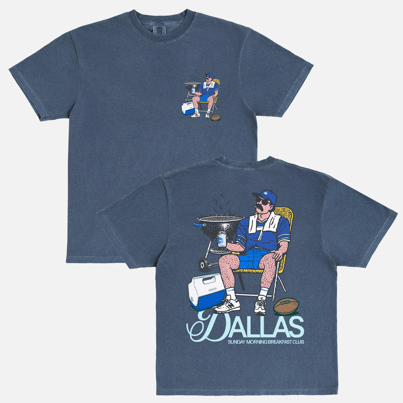 Dallas Cowboys football fan tailgate t-shirt that has a funny graphic of man tailgating with a cooler and bbq pit 