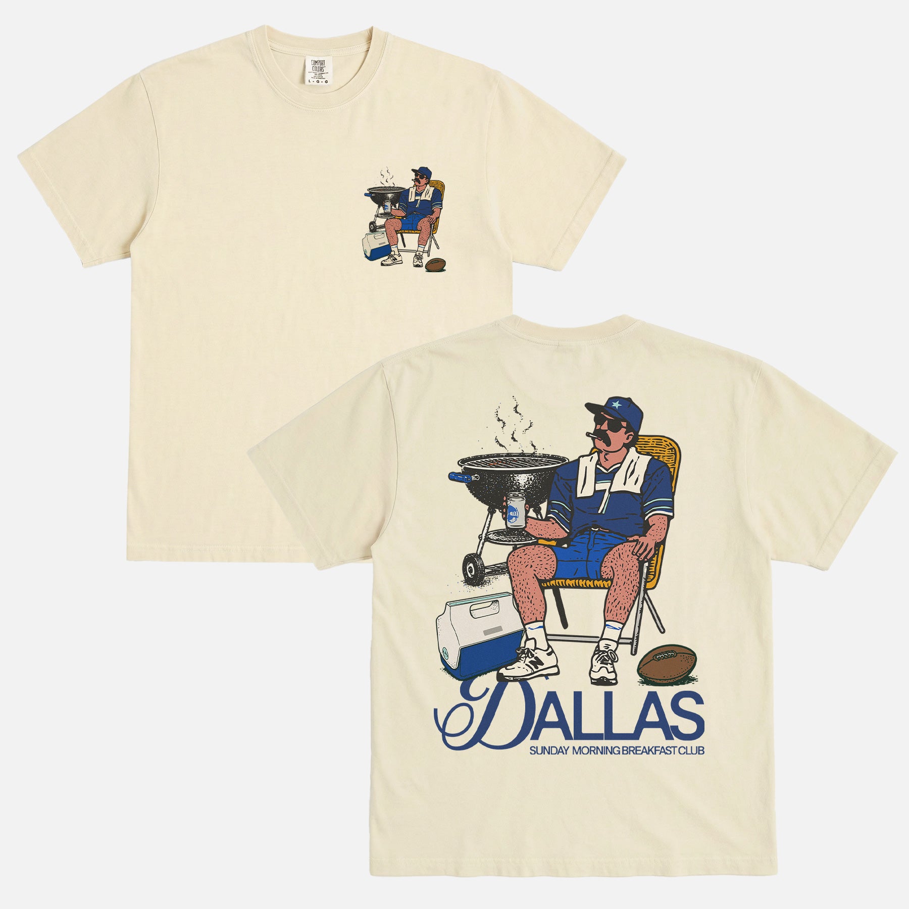 Dallas Cowboys football fan tailgate t-shirt that has a funny graphic of man tailgating with a cooler and bbq pit 