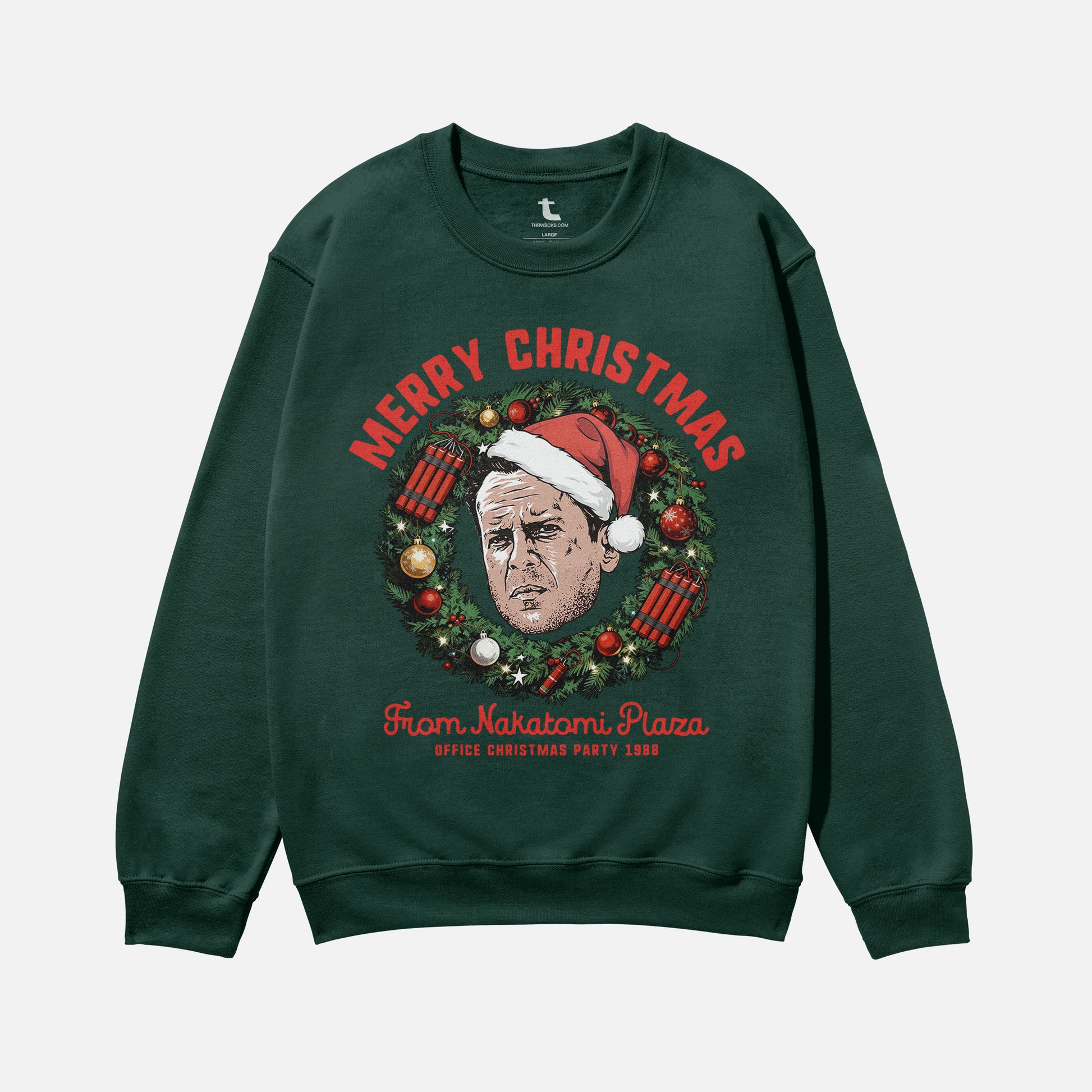 Funny Die Hard Christmas Movie sweatshirt, retro 80s John McClane NAkatomi plaza ugly xmas sweater in dark green at Throwbacks