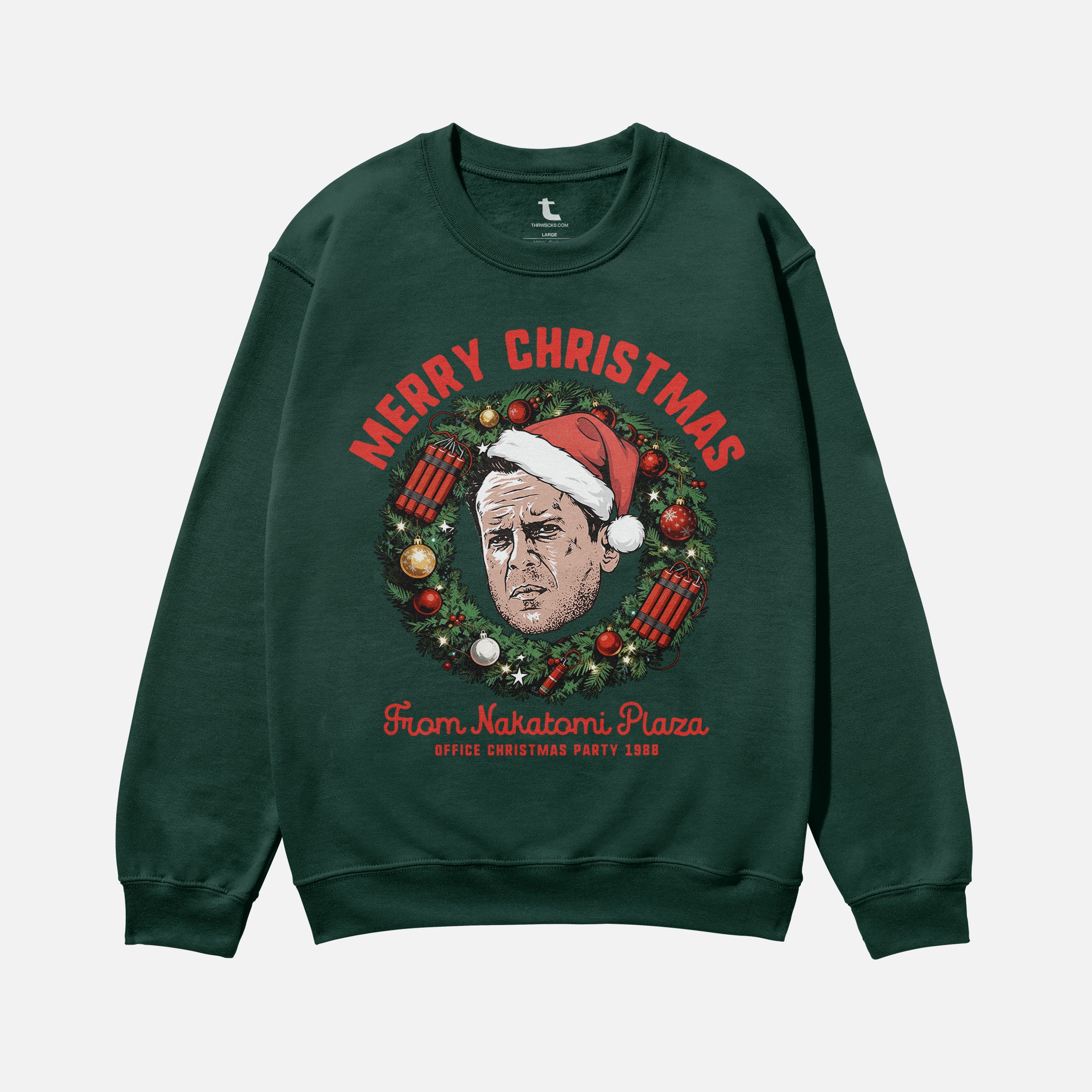 Funny Die Hard Christmas Movie sweatshirt, retro 80s John McClane NAkatomi plaza ugly xmas sweater in dark green at Throwbacks