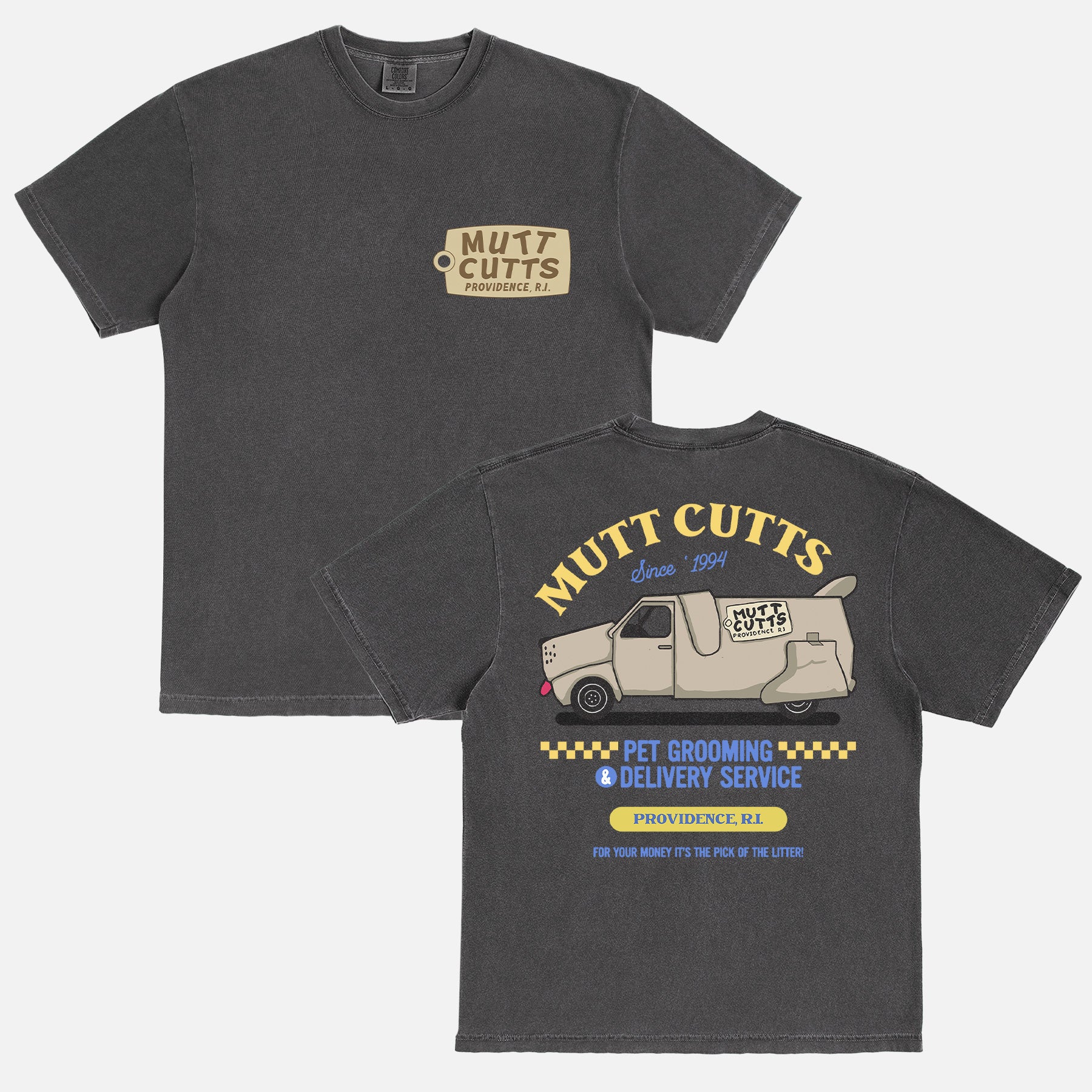 Funny Dumb and Dumber movie t-shirt with Mutt Cutts logo and sheepdog can on a unisex comfort colors tee