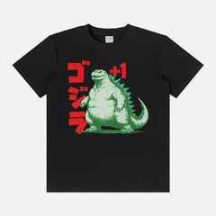 funny godzilla minus one vintage dark black and green and red graphic t-shirt, fat godzilla japanese movie poster memorabilia tee