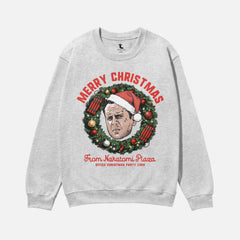 Funny Die Hard Christmas Movie sweatshirt, retro 80s John McClane NAkatomi plaza ugly xmas sweater in grey  at Throwbacks