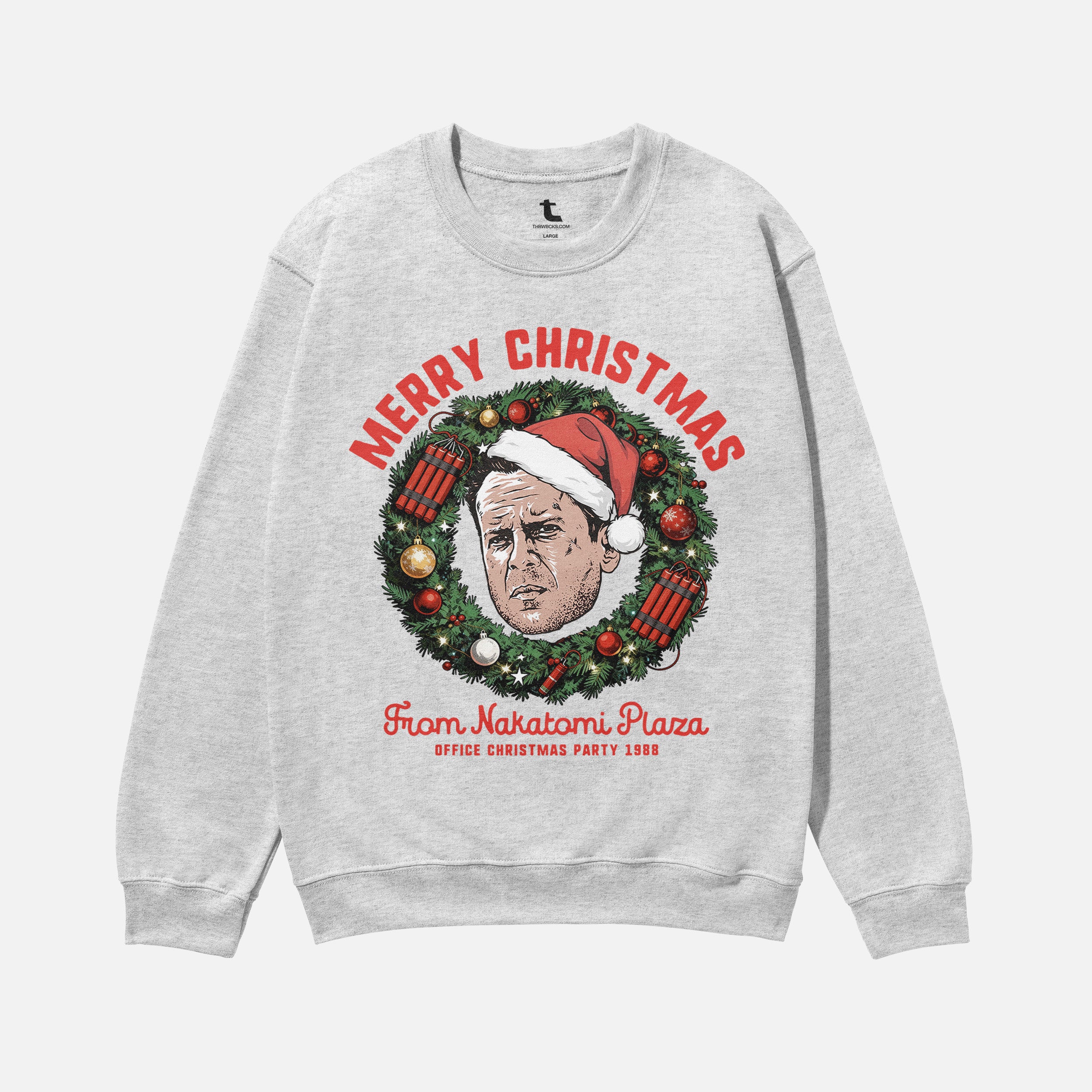 Funny Die Hard Christmas Movie sweatshirt, retro 80s John McClane NAkatomi plaza ugly xmas sweater in grey  at Throwbacks