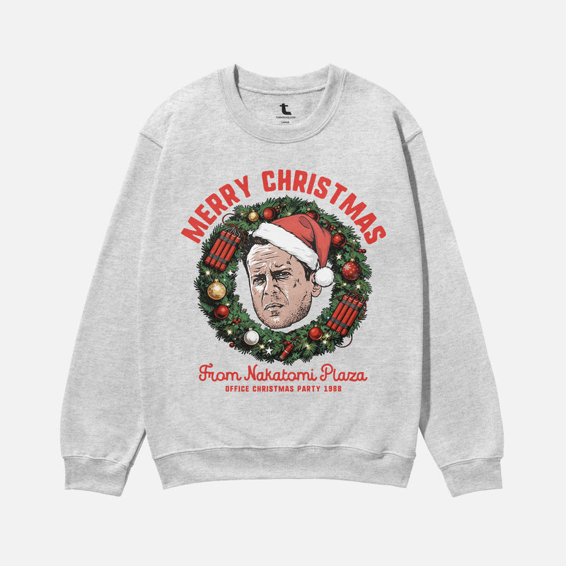 Funny Die Hard Christmas Movie sweatshirt, retro 80s John McClane NAkatomi plaza ugly xmas sweater in grey  at Throwbacks