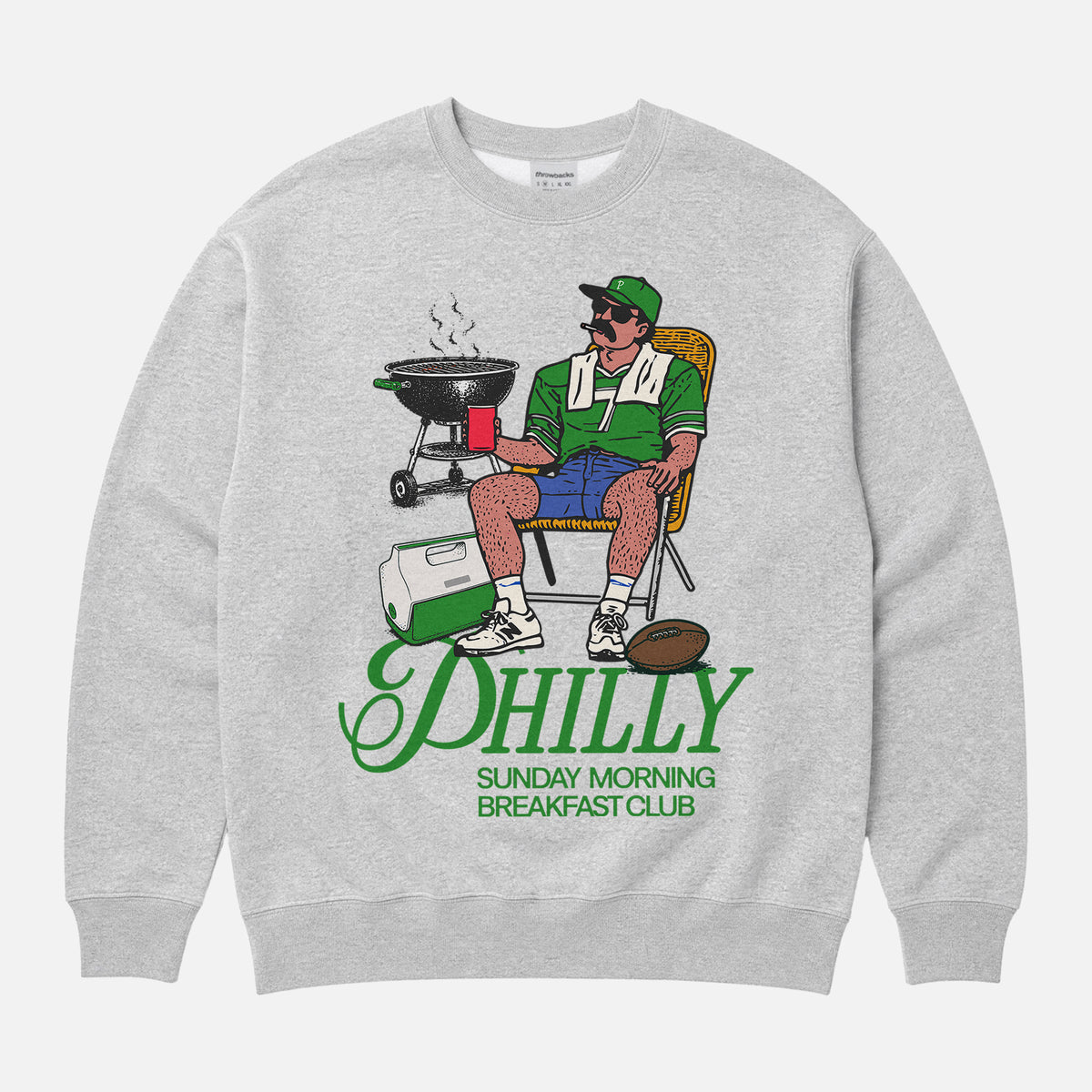 Funny grey unisex Philadelphia Eagles tailgating sweatshirt with man drinking near bbq pit for philly football fans 