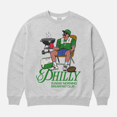 Funny grey unisex Philadelphia Eagles tailgating sweatshirt with man drinking near bbq pit for philly football fans 
