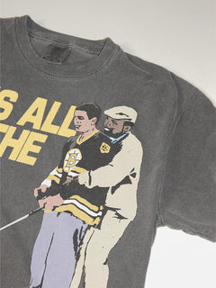Funny Happy Gilmore T-shirt with Chubbs and Happy and It's All in the Hips movie quote on a washed black comfort colors tee