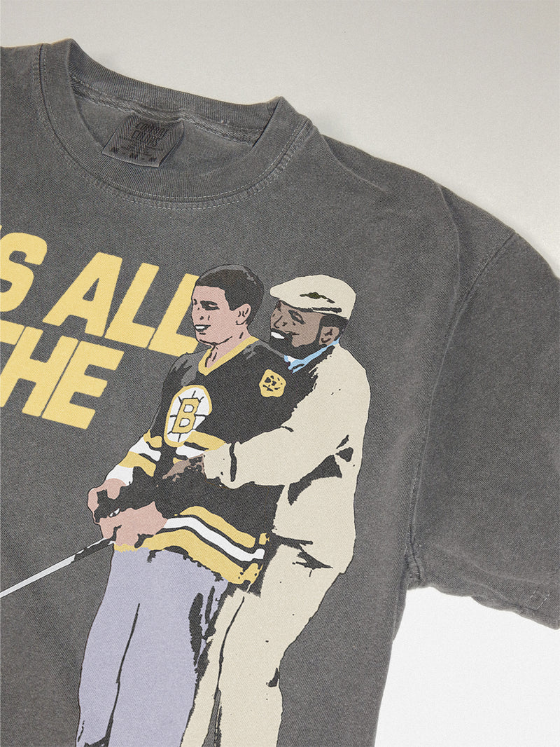 Funny Happy Gilmore T-shirt with Chubbs and Happy and It's All in the Hips movie quote on a washed black comfort colors tee