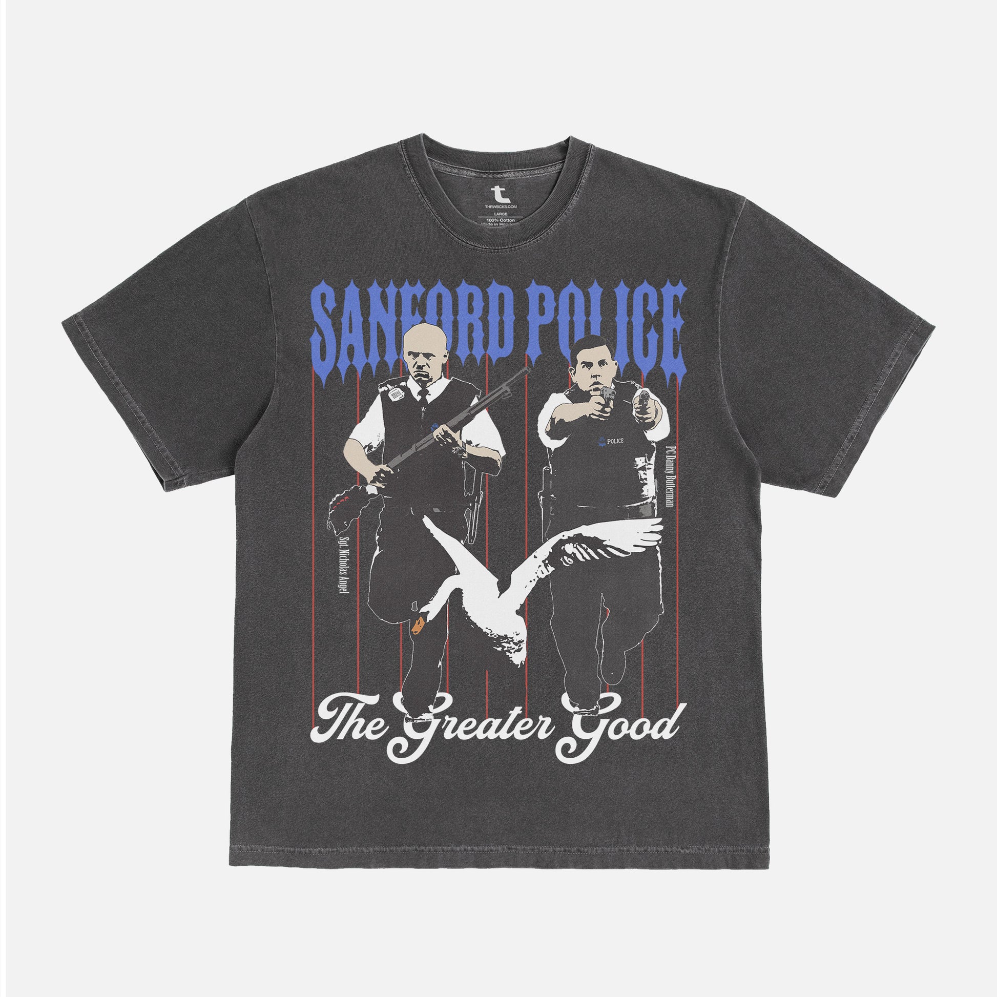 faded black hot fuzz sanford police movie t-shirt