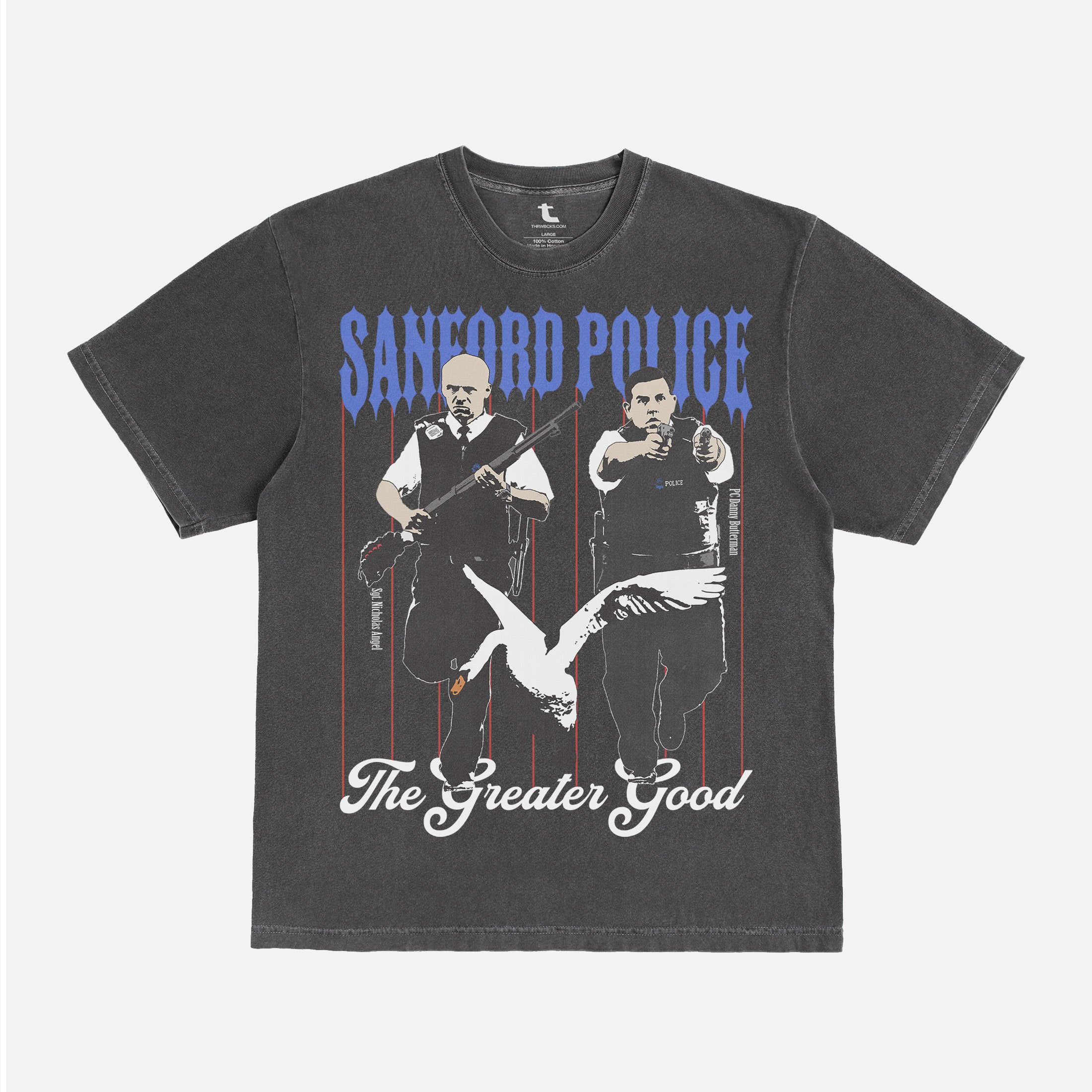 faded black hot fuzz sanford police movie t-shirt