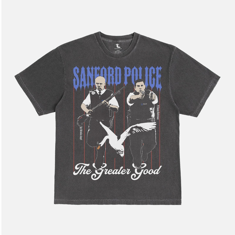 faded black hot fuzz sanford police movie t-shirt