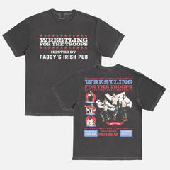 Its Always Sunny in Philadelphia wrestling graphic tee, funny retro the gang wrestles for the troops Paddy's Irish Pub promo t-shirt with The Maniac and the Trashman and the Birds of War