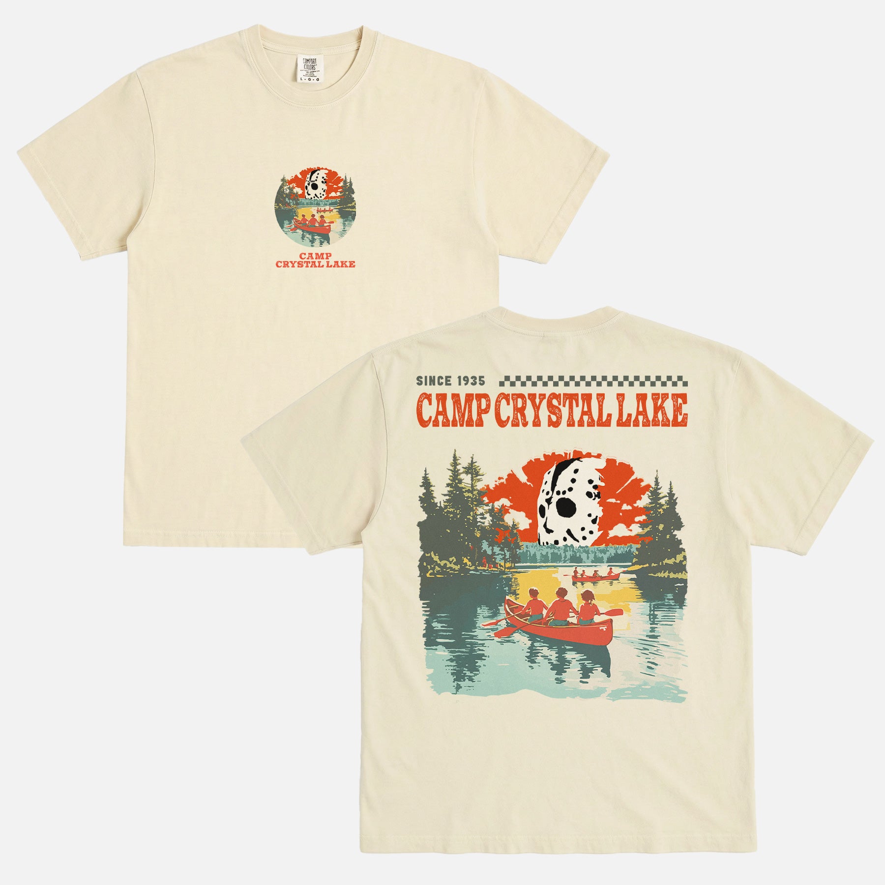Retro Camp Crystal Lake Friday the 13th Horror Movie graphic t-shirt, vintage Jason Voorhees oversized tee in faded off white and red