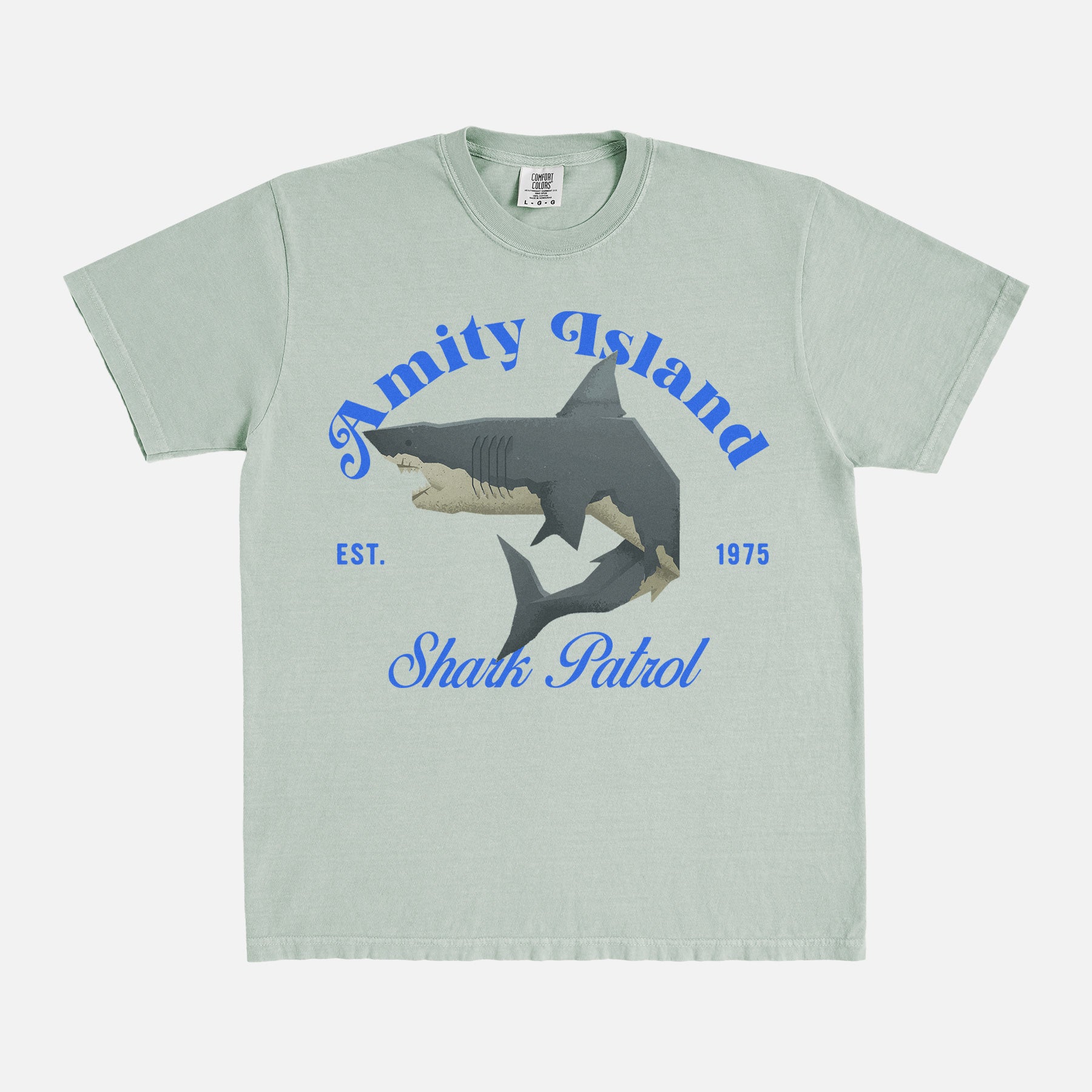 funny Jaws movie t-shirt with Amity Island Shark Patrol logo on a comfort colors graphic tee