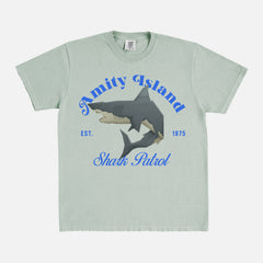 funny Jaws movie t-shirt with Amity Island Shark Patrol logo on a comfort colors graphic tee