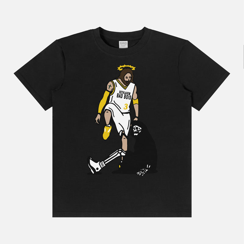 Funny t-shirt with jesus stepping over the devil or grim reaper on a basketball court