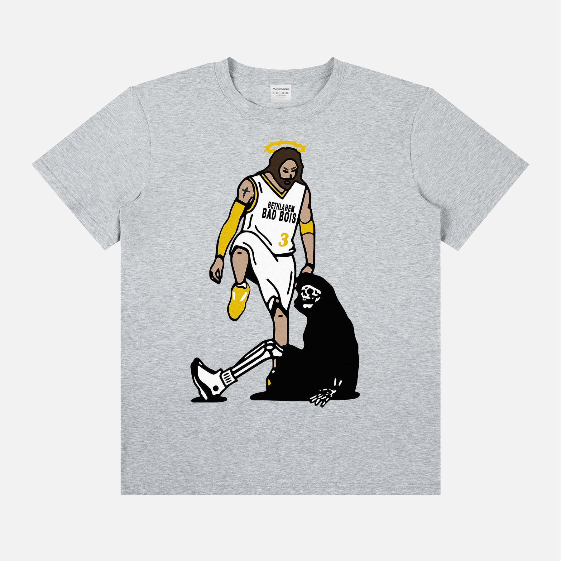Funny t-shirt with jesus stepping over the devil or grim reaper on a basketball court