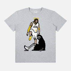 Funny t-shirt with jesus stepping over the devil or grim reaper on a basketball court