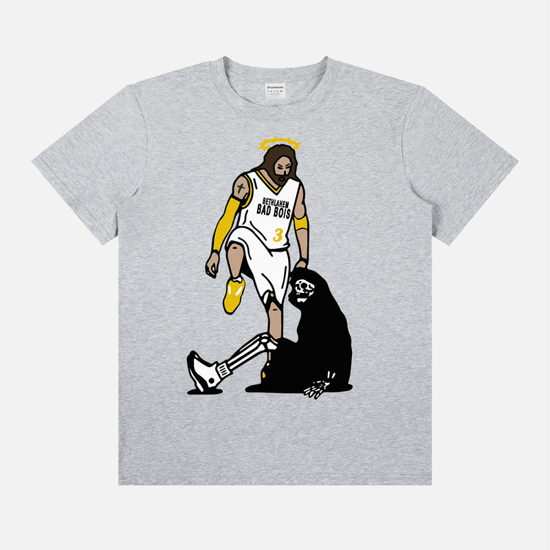 Funny t-shirt with jesus stepping over the devil or grim reaper on a basketball court