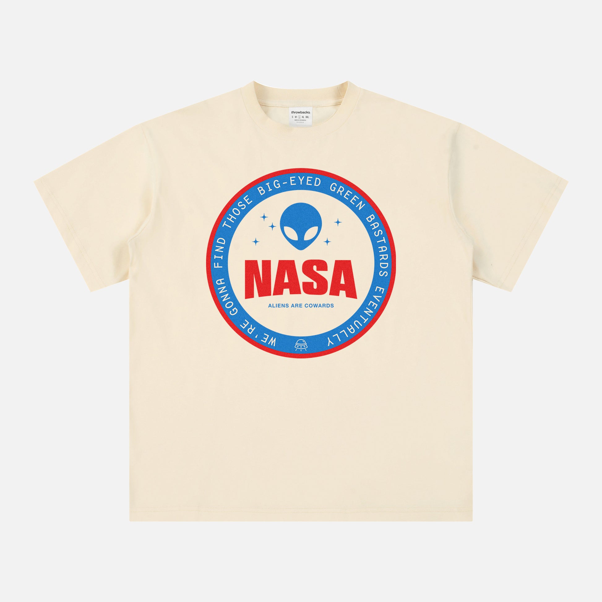 Unisex beige NASA t-shirt with a funny red and blue alien logo badge for NASA space nerds