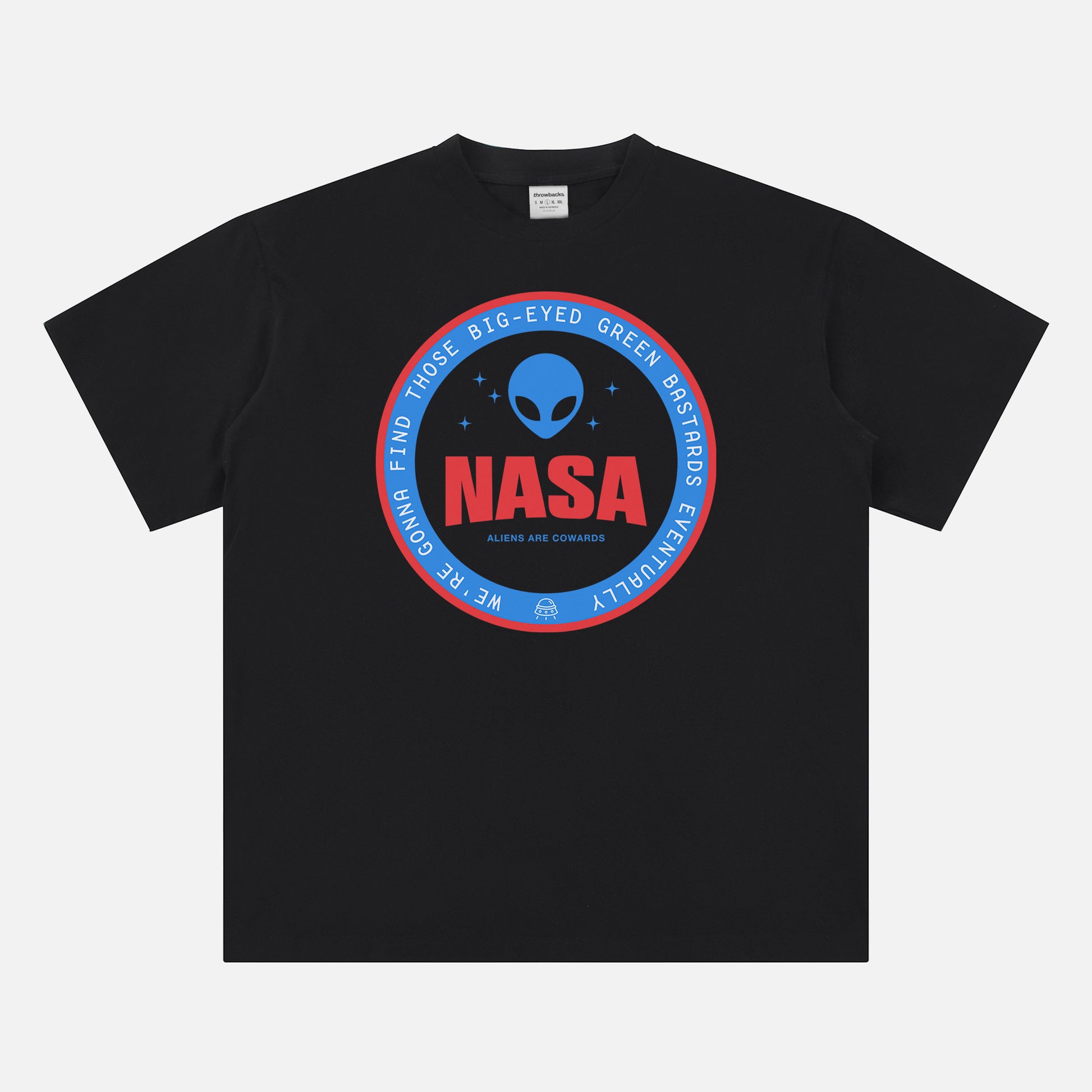 Unisex black NASA t-shirt,  funny red and blue alien logo badge graphic tee shirt for NASA space nerds