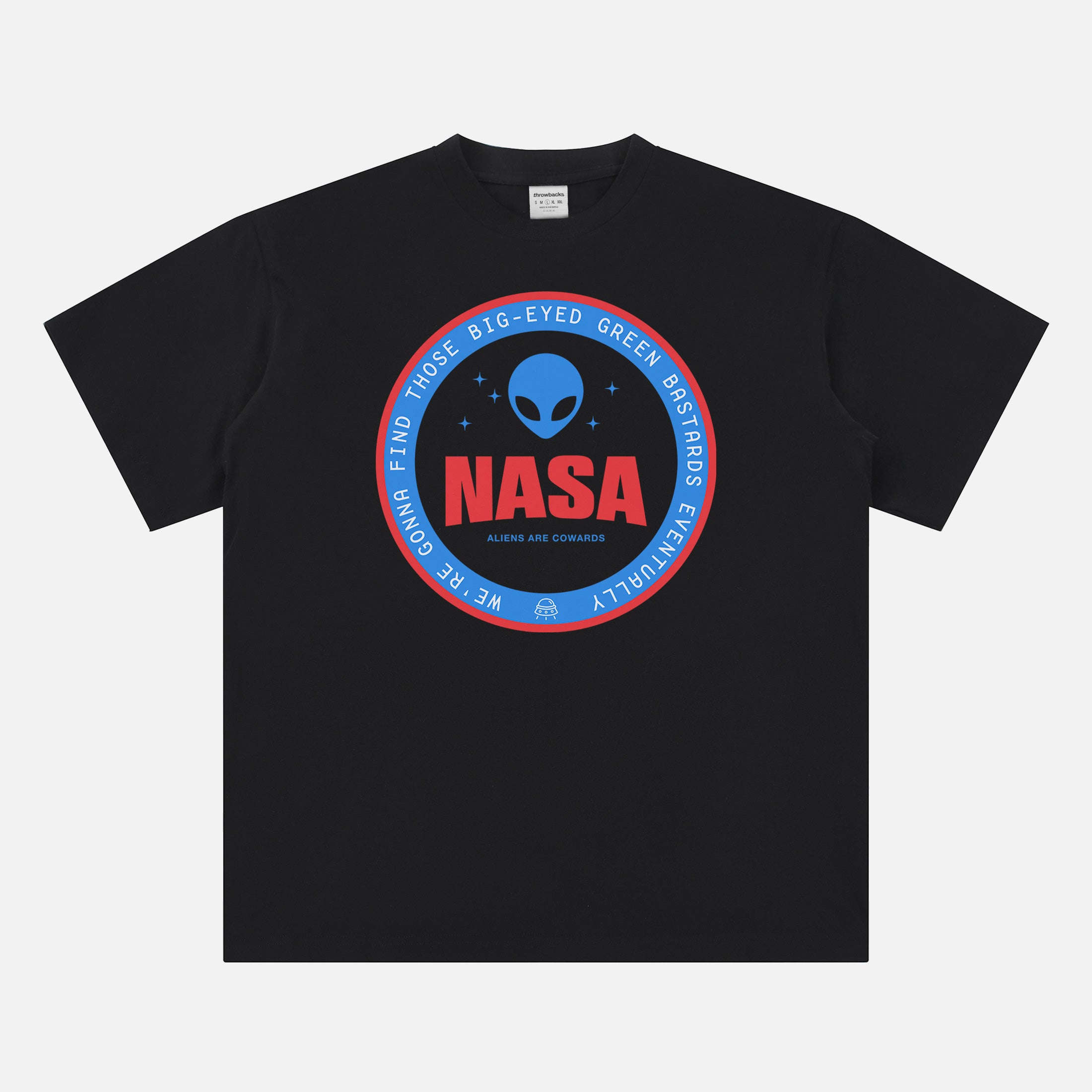 Unisex black NASA t-shirt,  funny red and blue alien logo badge graphic tee shirt for NASA space nerds