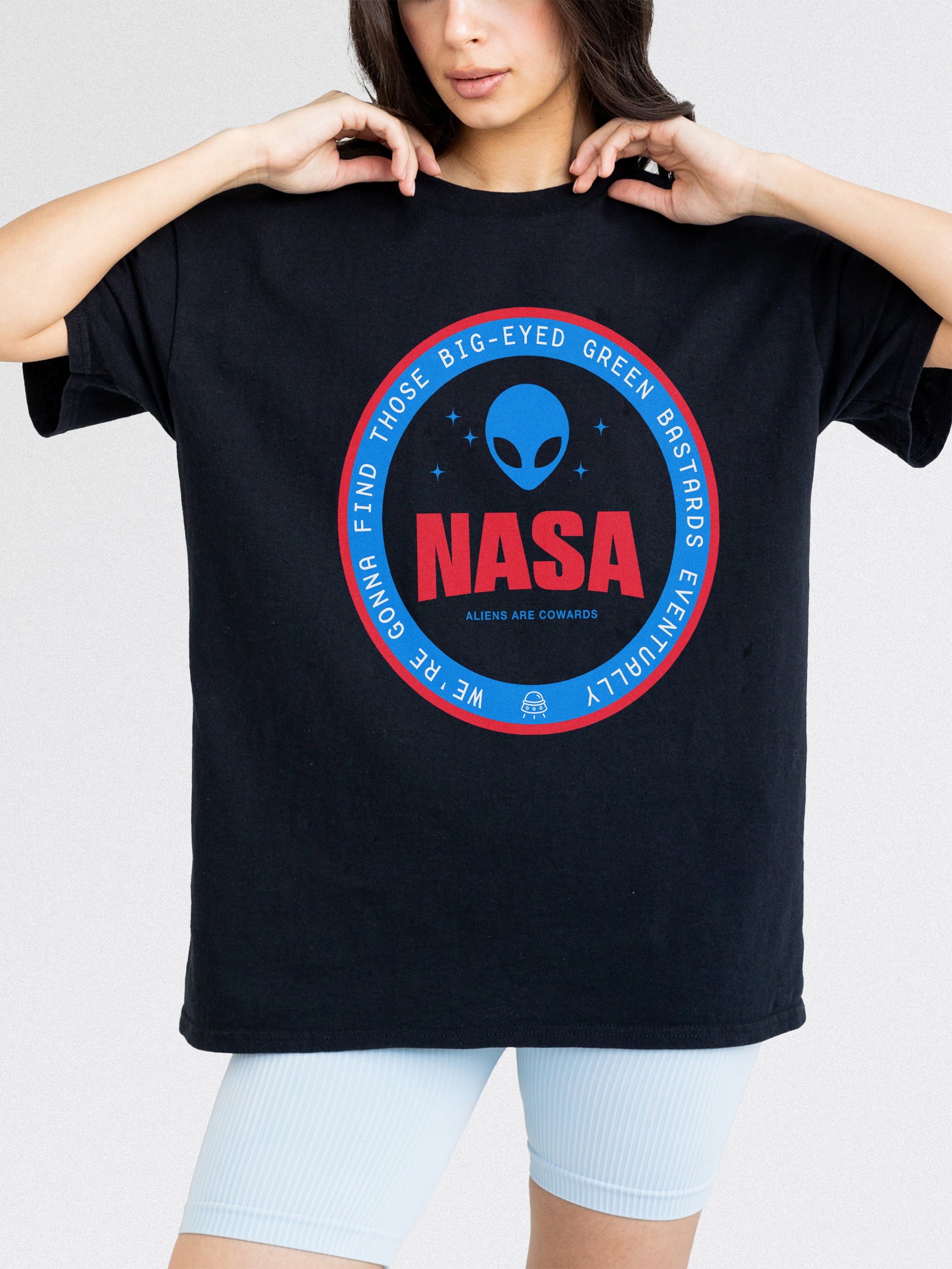 Unisex black NASA t-shirt,  funny red and blue alien logo badge graphic tee shirt for NASA space nerds