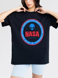 Unisex black NASA t-shirt,  funny red and blue alien logo badge graphic tee shirt for NASA space nerds