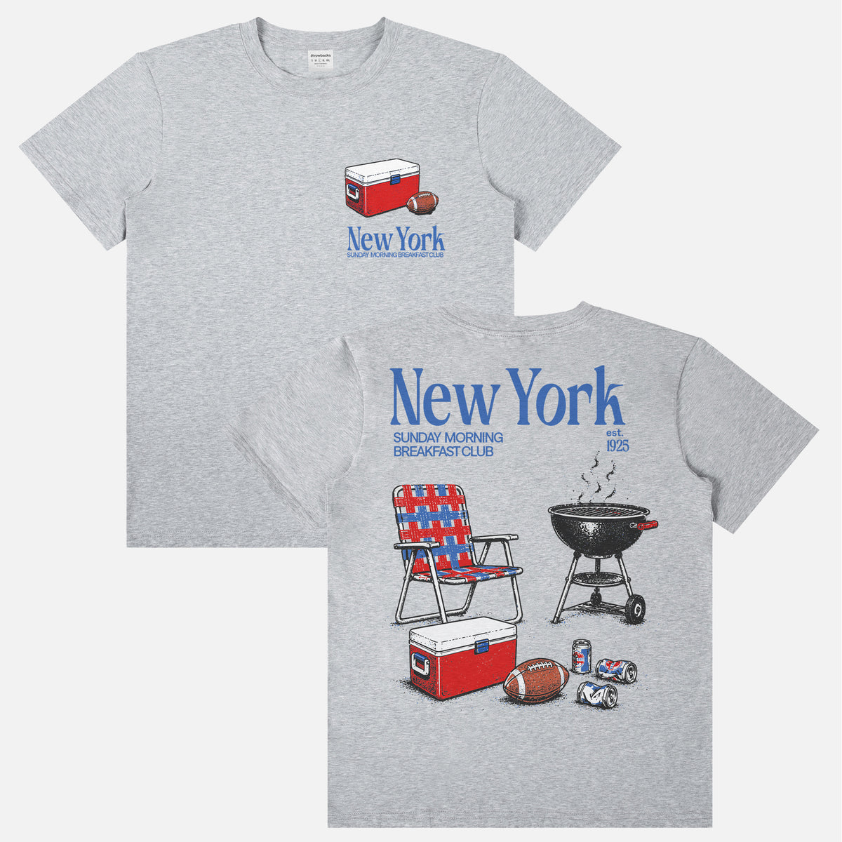 Funny vintage  New York Giants NFL football tailgate t-shirt with front and back retro beer and bbq pit and NYG colors 