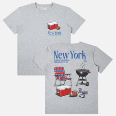 Funny vintage  New York Giants NFL football tailgate t-shirt with front and back retro beer and bbq pit and NYG colors 