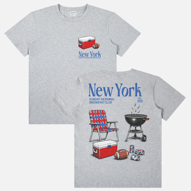 Funny vintage  New York Giants NFL football tailgate t-shirt with front and back retro beer and bbq pit and NYG colors 