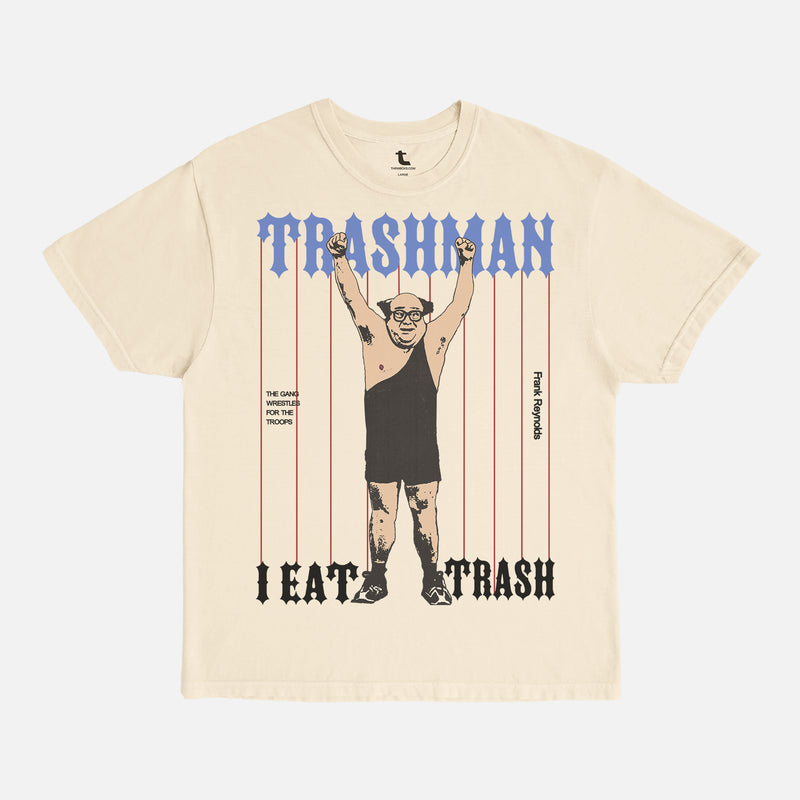 Frank Reynolds Trash Man wrestling t-shirt, funny beige it's always sunny in philadelphia tv show graphic tee for men and women