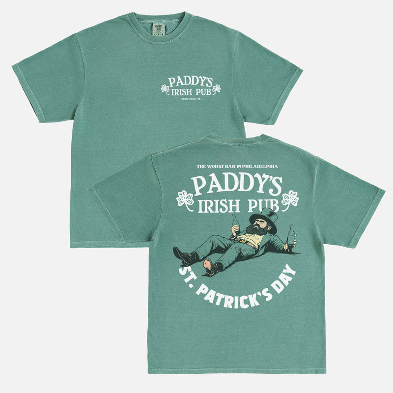 Comfort Colors Green Its Always Sunny in Philadelphia Paddy's Irish Pub Graphic Tee, Philly St. Patricks Day TV Show memorabilia promo t-shir