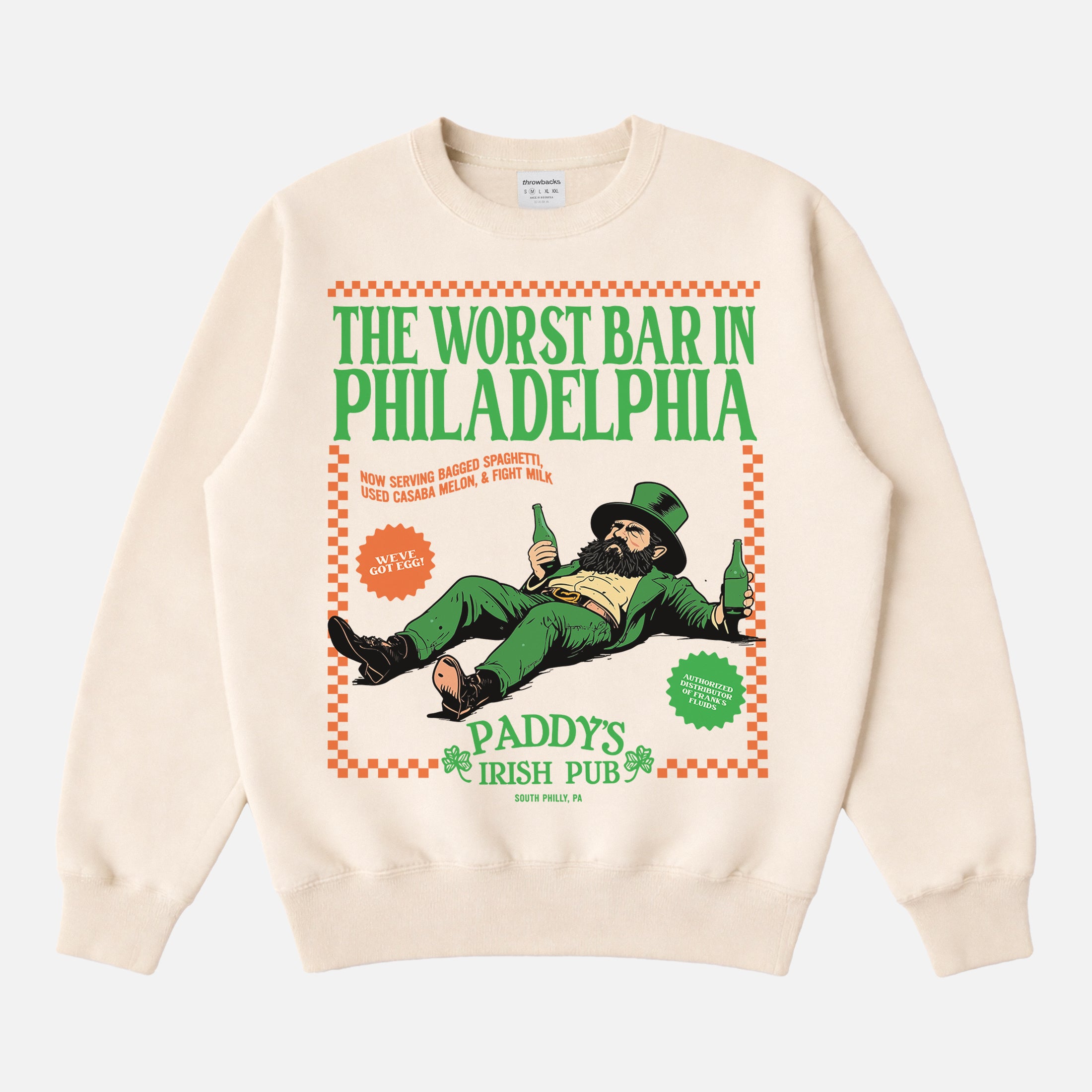 Funny It's Always Sunny in Philadelphia PAddy's Irish Pub beige and green St. Patrick's Day Irish Green crewneck sweatshirt