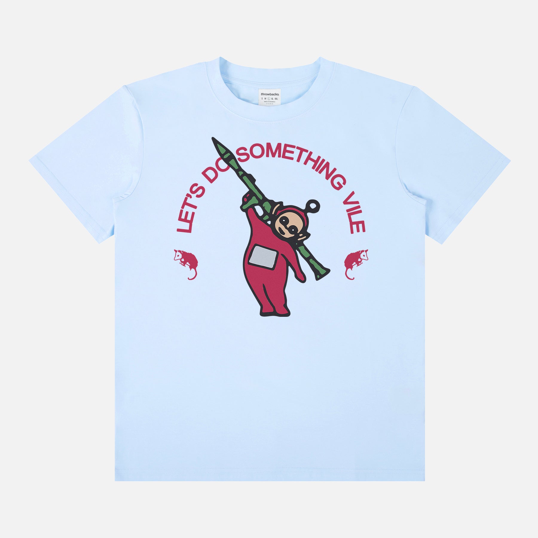 funny weird random Teletubbies graphic t-shirt with Po holding an RPG and text that says Let's Do Something Vile