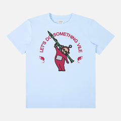 funny weird random Teletubbies graphic t-shirt with Po holding an RPG and text that says Let's Do Something Vile
