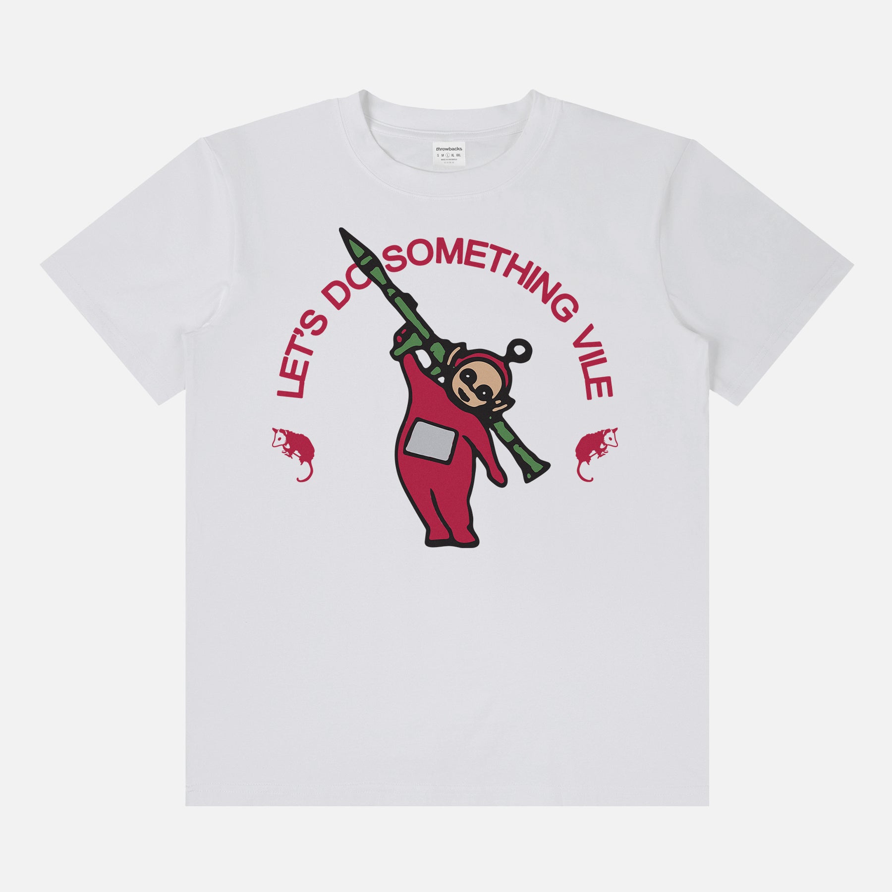 funny weird random Teletubbies graphic t-shirt with Po holding an RPG and text that says Let's Do Something Vile