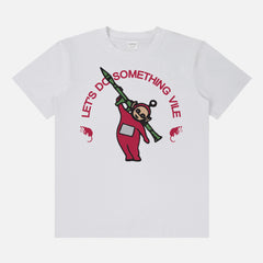 funny weird random Teletubbies graphic t-shirt with Po holding an RPG and text that says Let's Do Something Vile