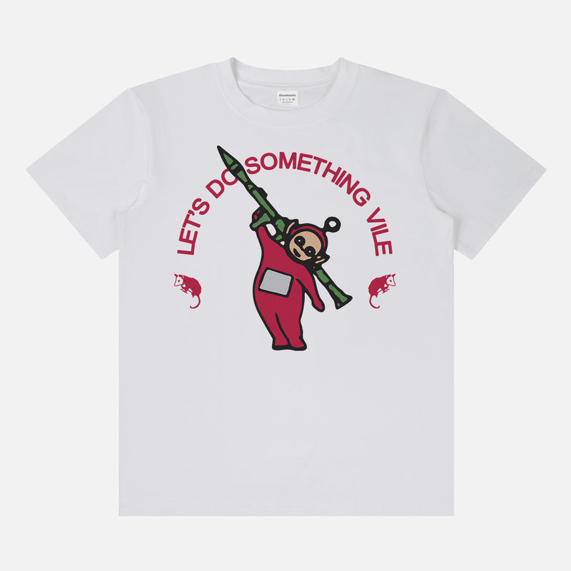 funny weird random Teletubbies graphic t-shirt with Po holding an RPG and text that says Let's Do Something Vile