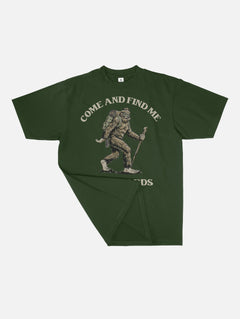 weird random big foot sasquatch come find me you cowards graphic tee shirt