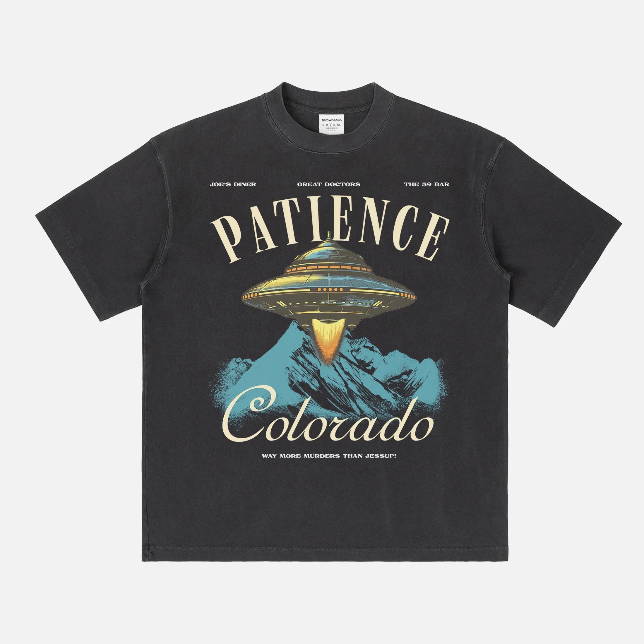resident alien TV Show t-shirt for sale online, washed black Patience Colorado graphic tee  streetwear memorabilia merch