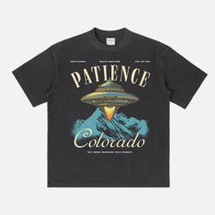 resident alien TV Show t-shirt for sale online, washed black Patience Colorado graphic tee  streetwear memorabilia merch