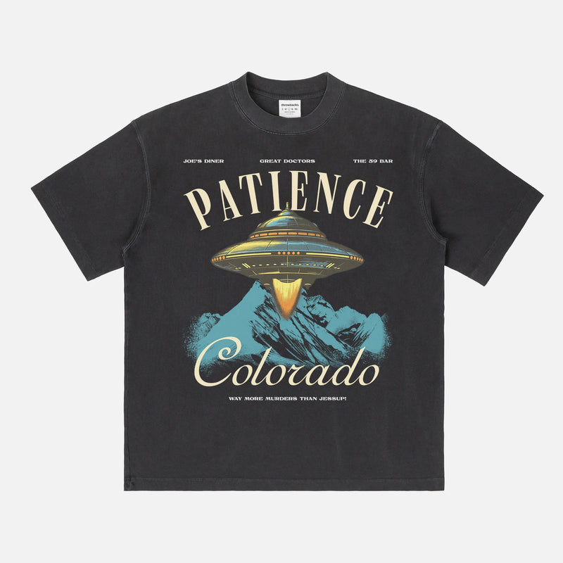 resident alien TV Show t-shirt for sale online, washed black Patience Colorado graphic tee  streetwear memorabilia merch