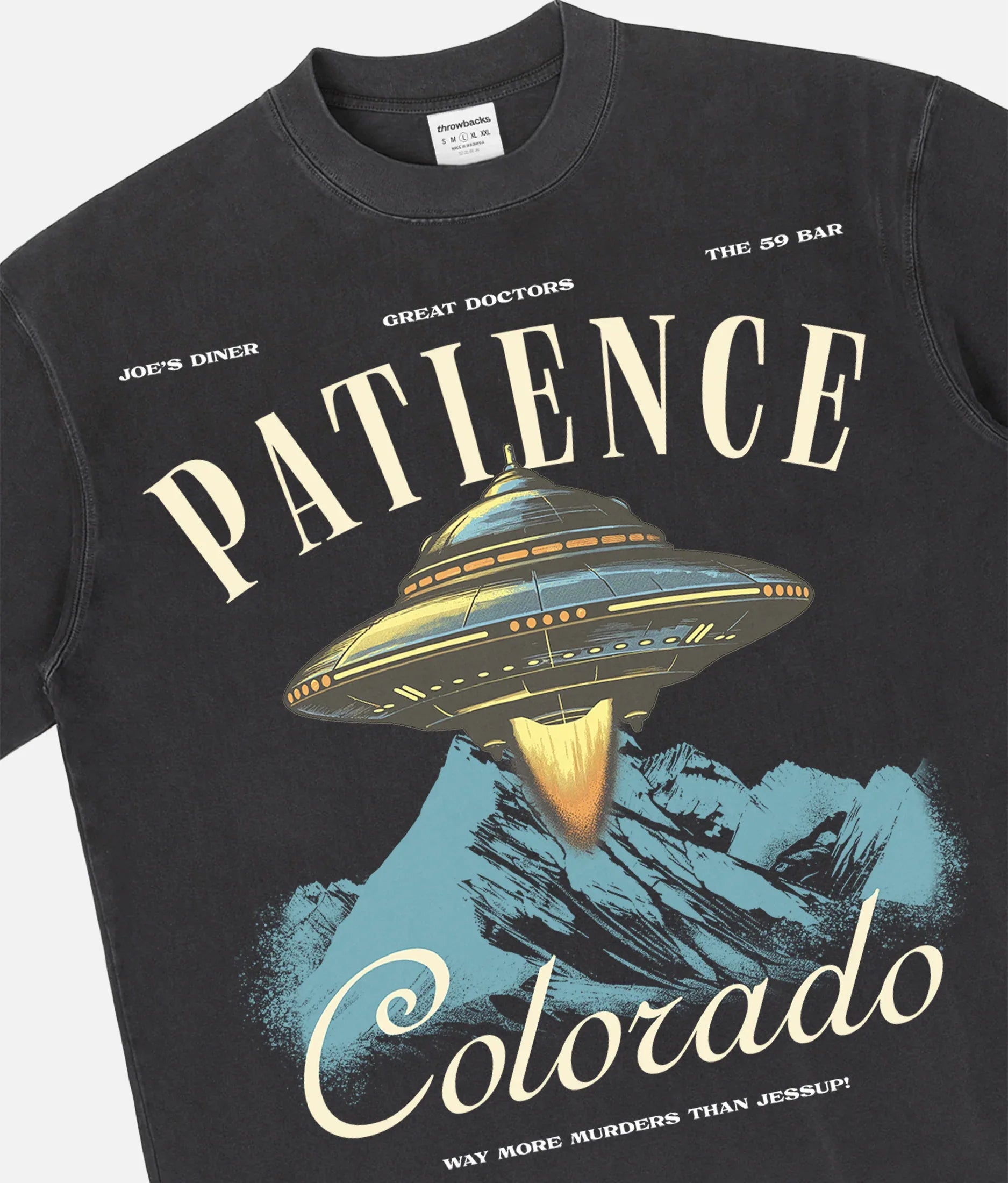 resident alien TV Show t-shirt for sale online, washed black Patience Colorado graphic tee  streetwear memorabilia merch