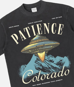 resident alien TV Show t-shirt for sale online, washed black Patience Colorado graphic tee  streetwear memorabilia merch