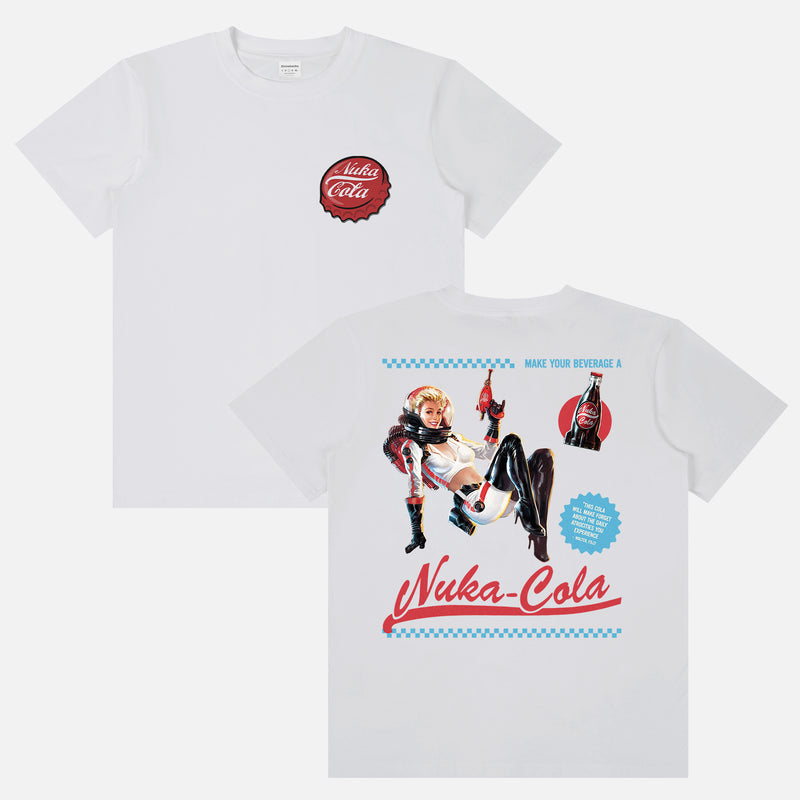 White red and blue fallout video game tv show graphic tee shirt with Nuka Cola bottle cap logo and retro space girl ad for men and women for sale at Throwbacks